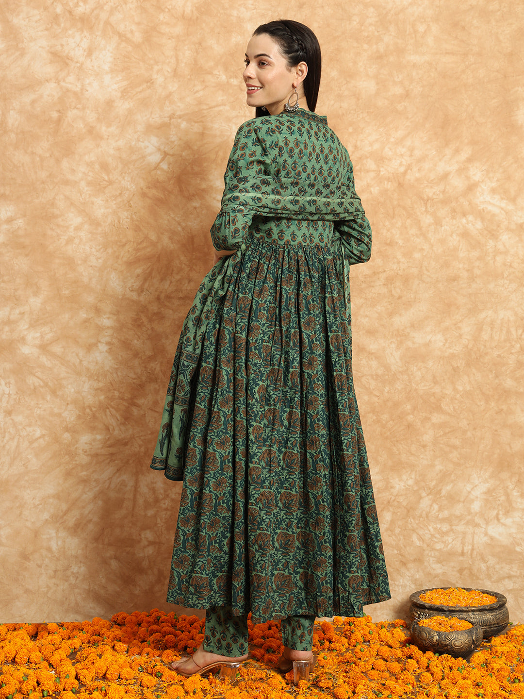 Olive Green Floral Cotton Anarkali Set with Dupatta