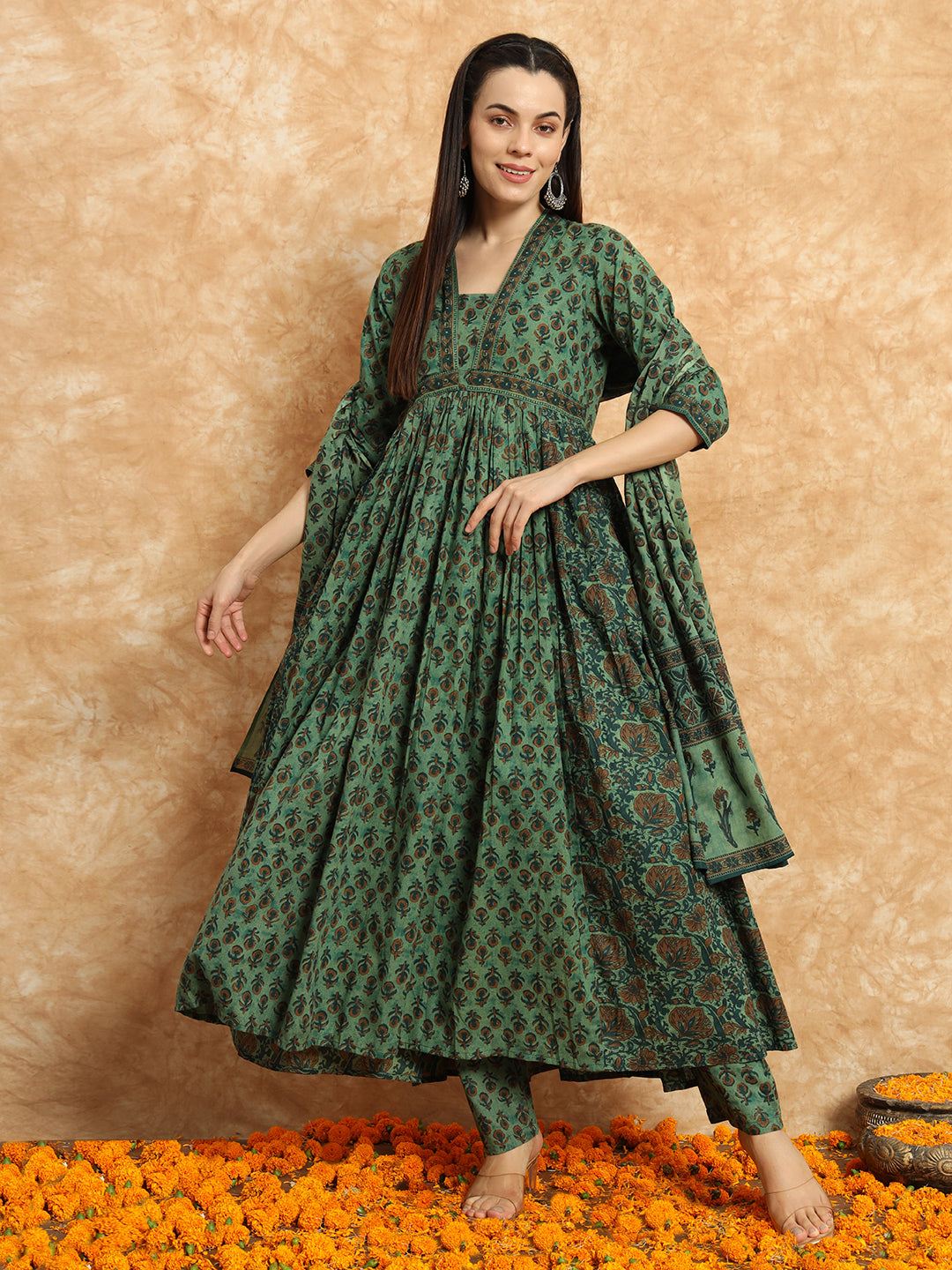 Olive Green Floral Printed Cotton Anarkali Suit Set with Dupatta