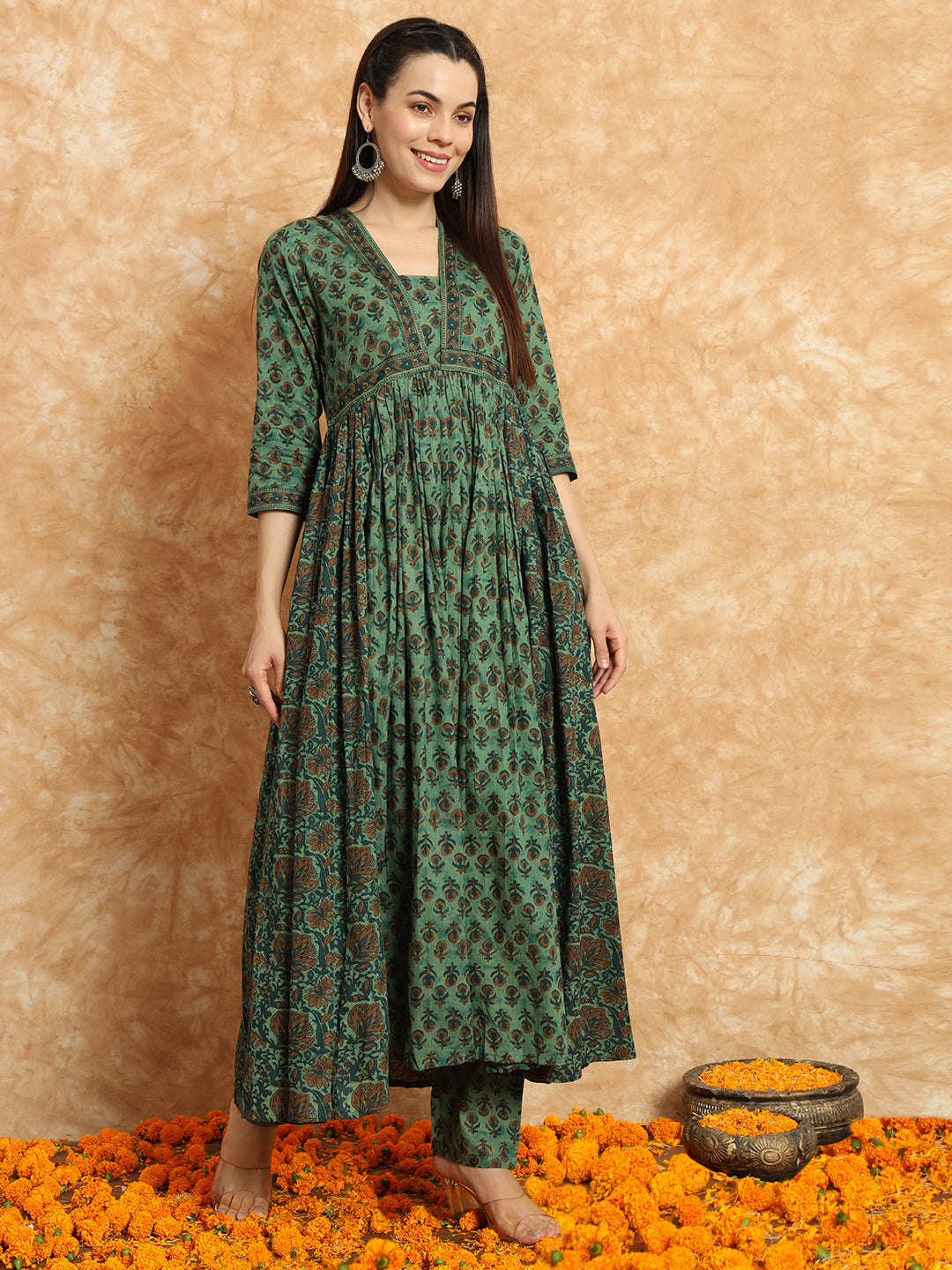 Olive Green Floral Cotton Anarkali Set with Dupatta
