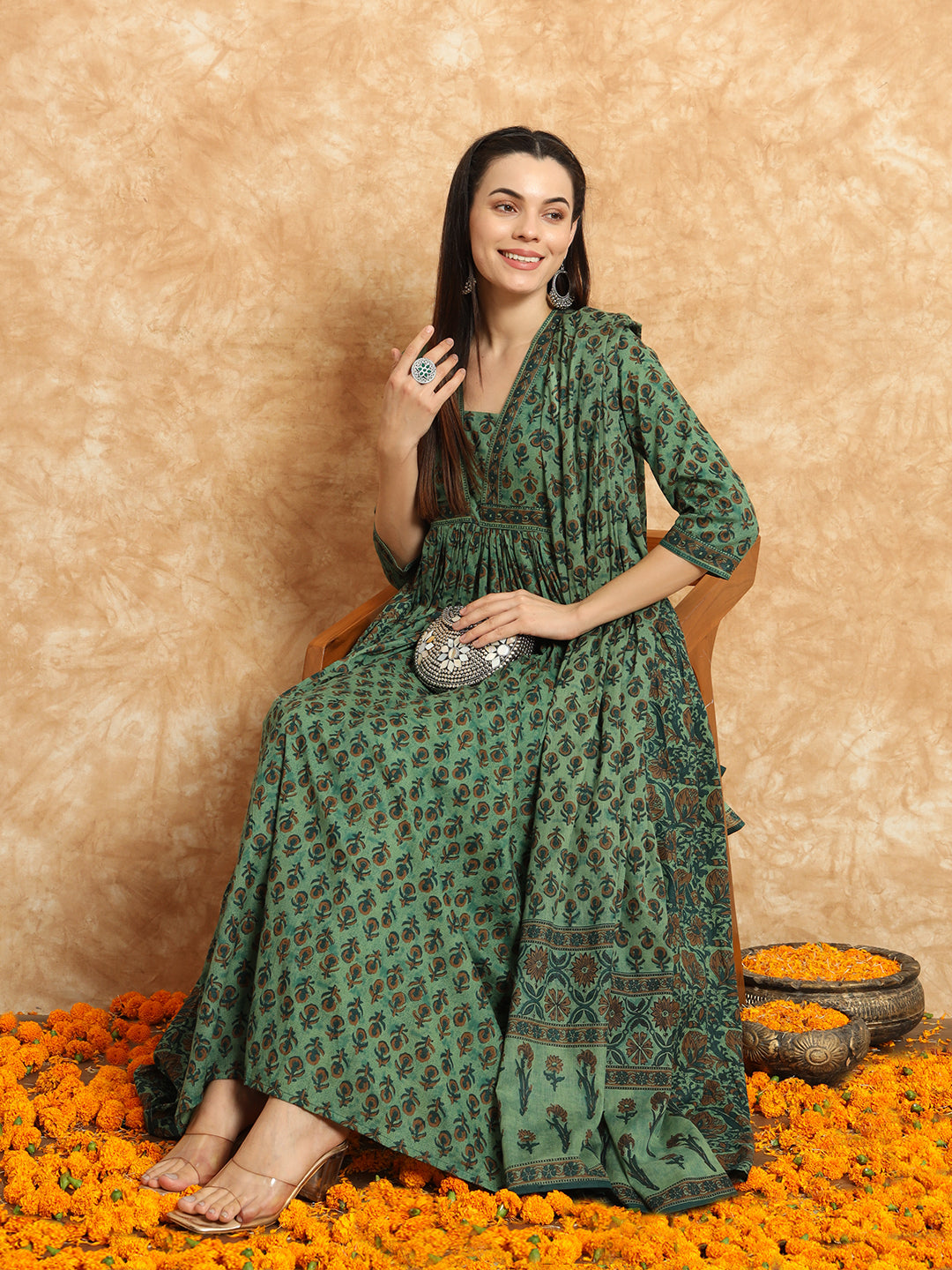 Olive Green Floral Cotton Anarkali Set with Dupatta