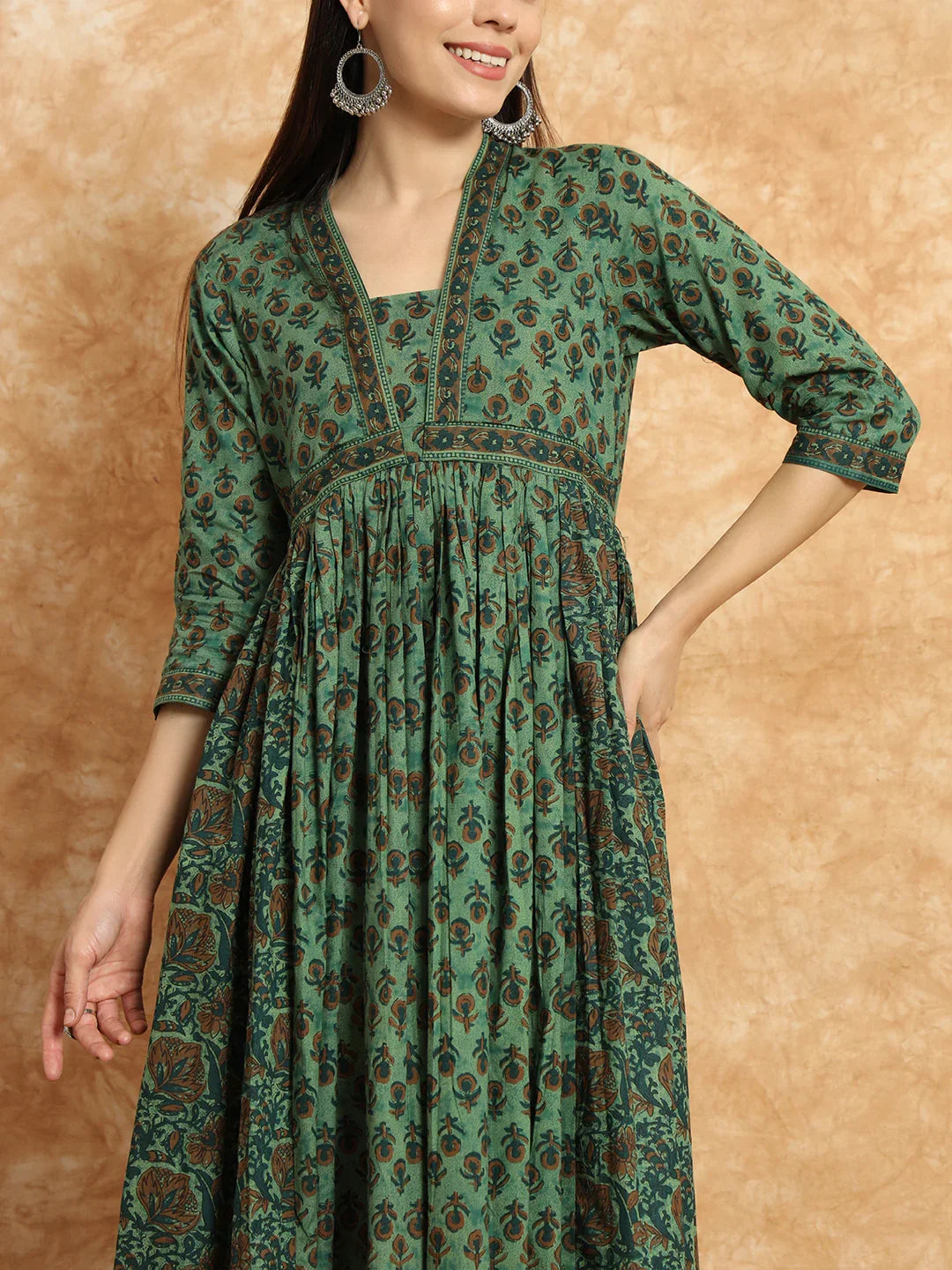 Olive Green Floral Printed Cotton Anarkali Suit Set with Dupatta