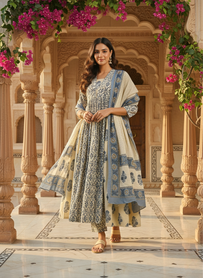 Royal Blue Printed Anarkali Suit with Elegant Dupatta