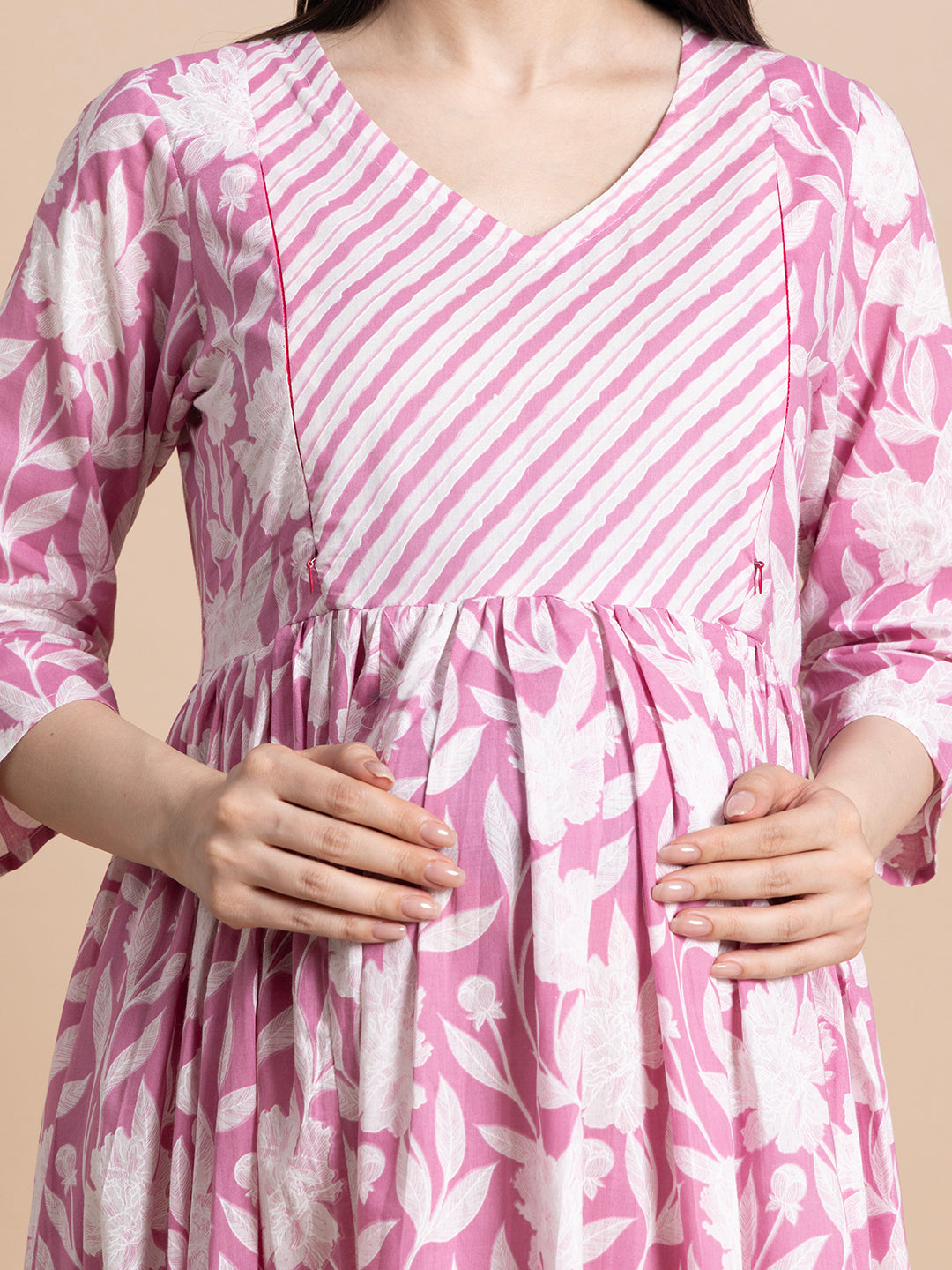 Mauve Pink Floral Cotton Maternity Maxi Dress with Contrast Striped Yoke
