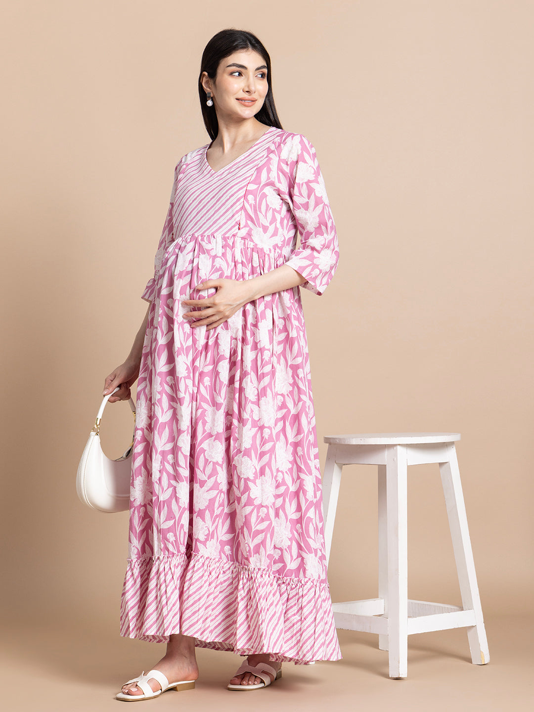 Mauve Pink Floral Cotton Maternity Maxi Dress with Contrast Striped Yoke