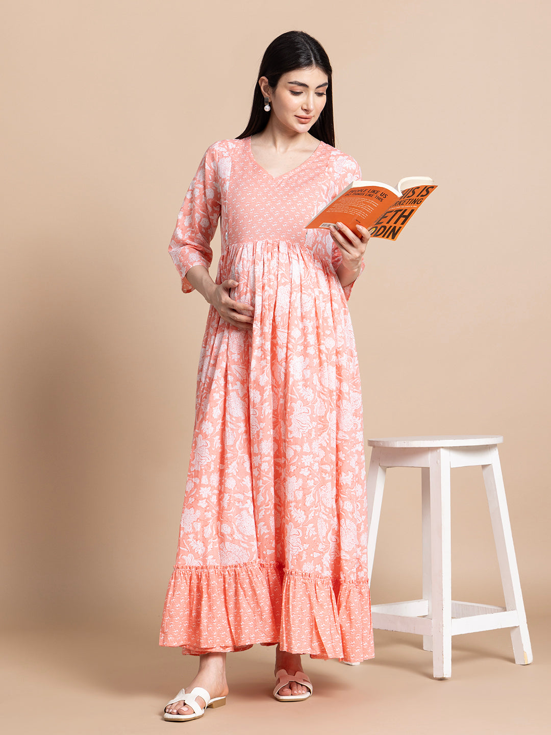 Peach Floral Printed Cotton Maternity Maxi Dress with Ruffle Border
