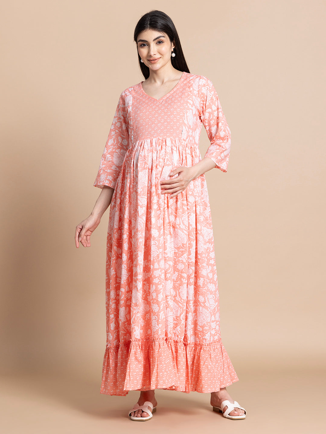 Peach Floral Printed Cotton Maternity Maxi Dress with Ruffle Border