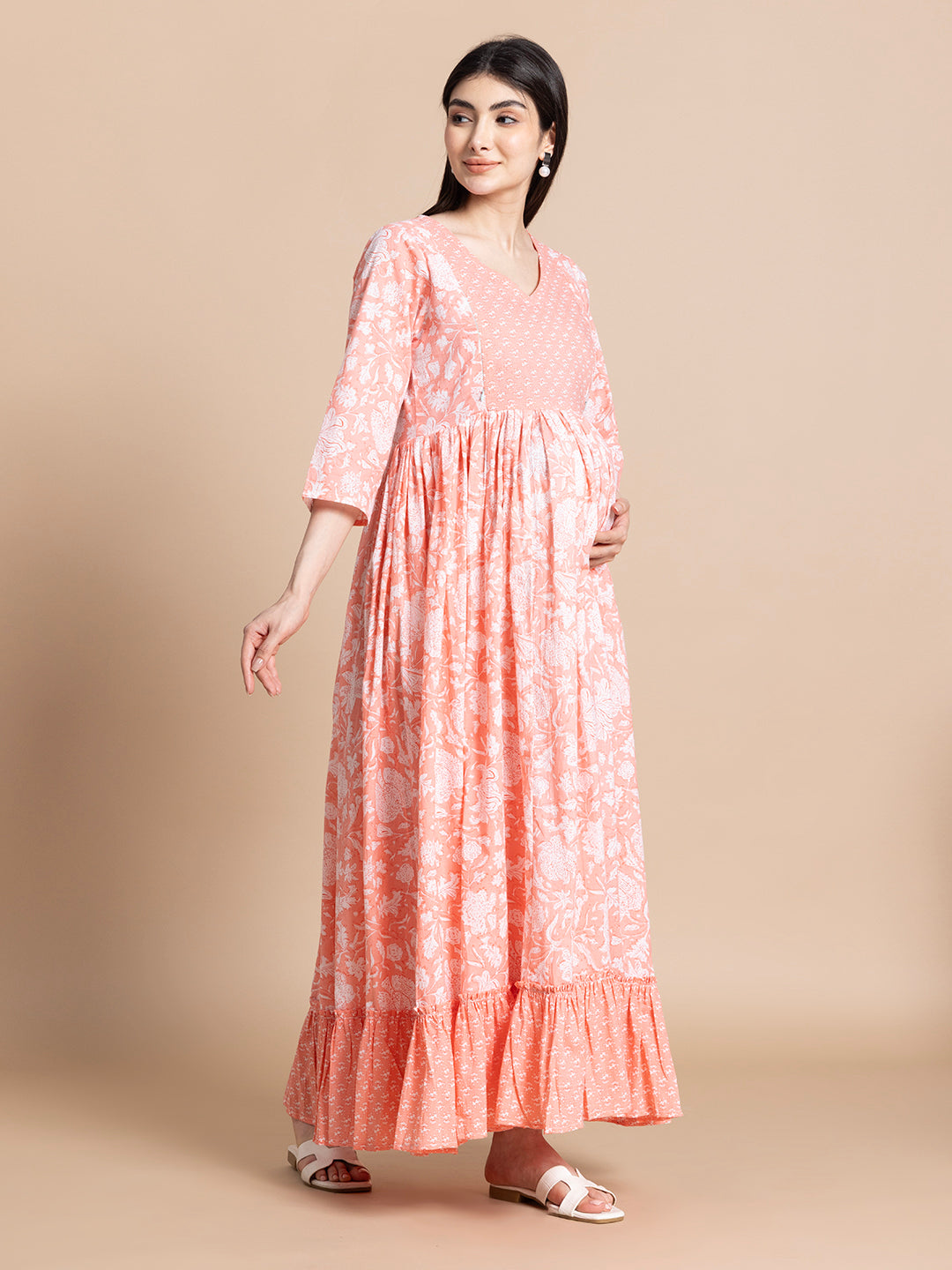Peach Floral Printed Cotton Maternity Maxi Dress with Ruffle Border