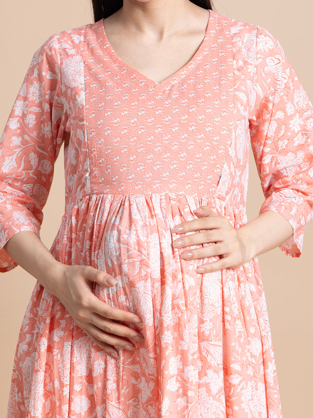 Peach Floral Printed Cotton Maternity Maxi Dress with Ruffle Border