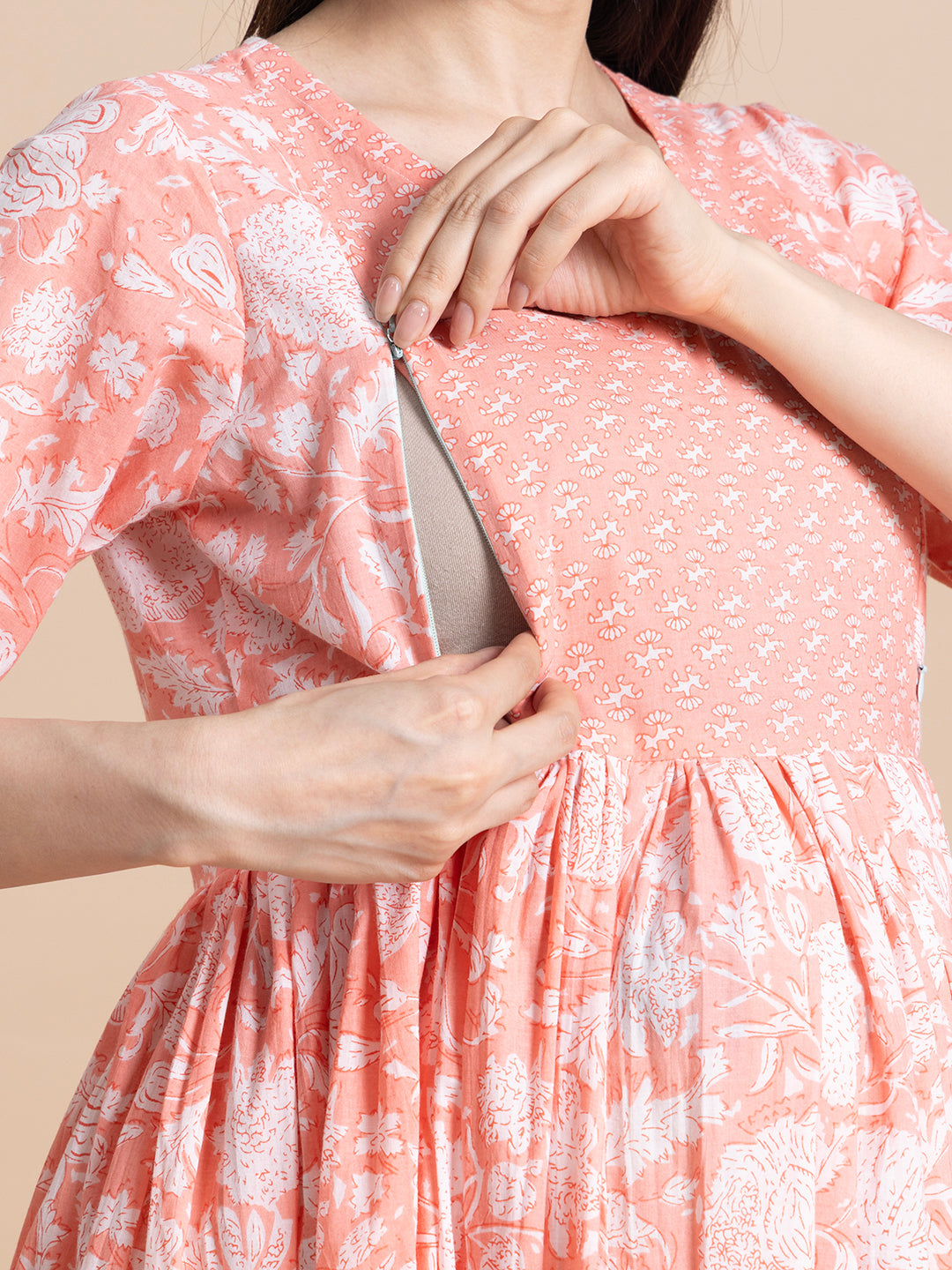 Peach Floral Printed Cotton Maternity Maxi Dress with Ruffle Border
