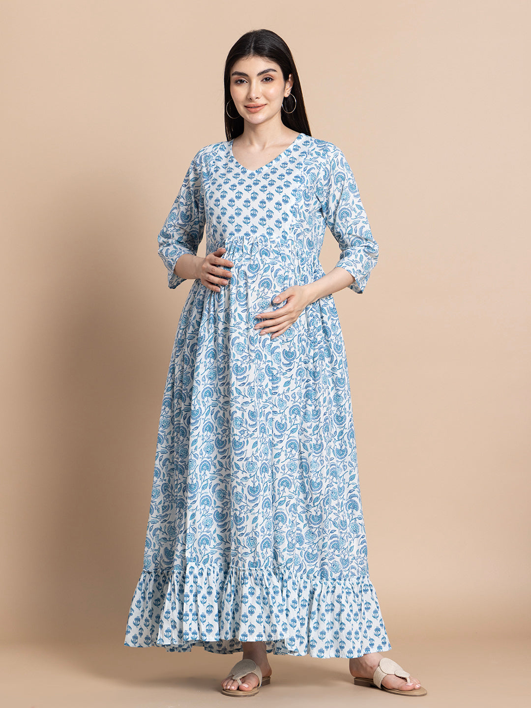 Sky Blue Floral Cotton Maternity Maxi Dress with Ruffle Border