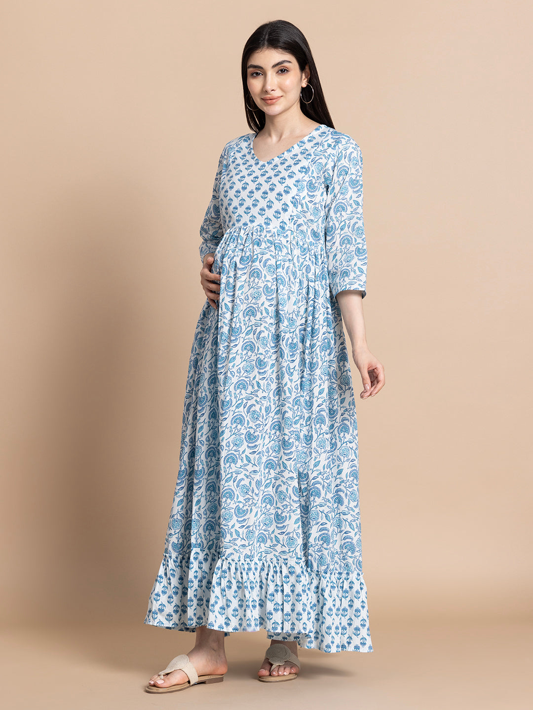 Sky Blue Floral Cotton Maternity Maxi Dress with Ruffle Border