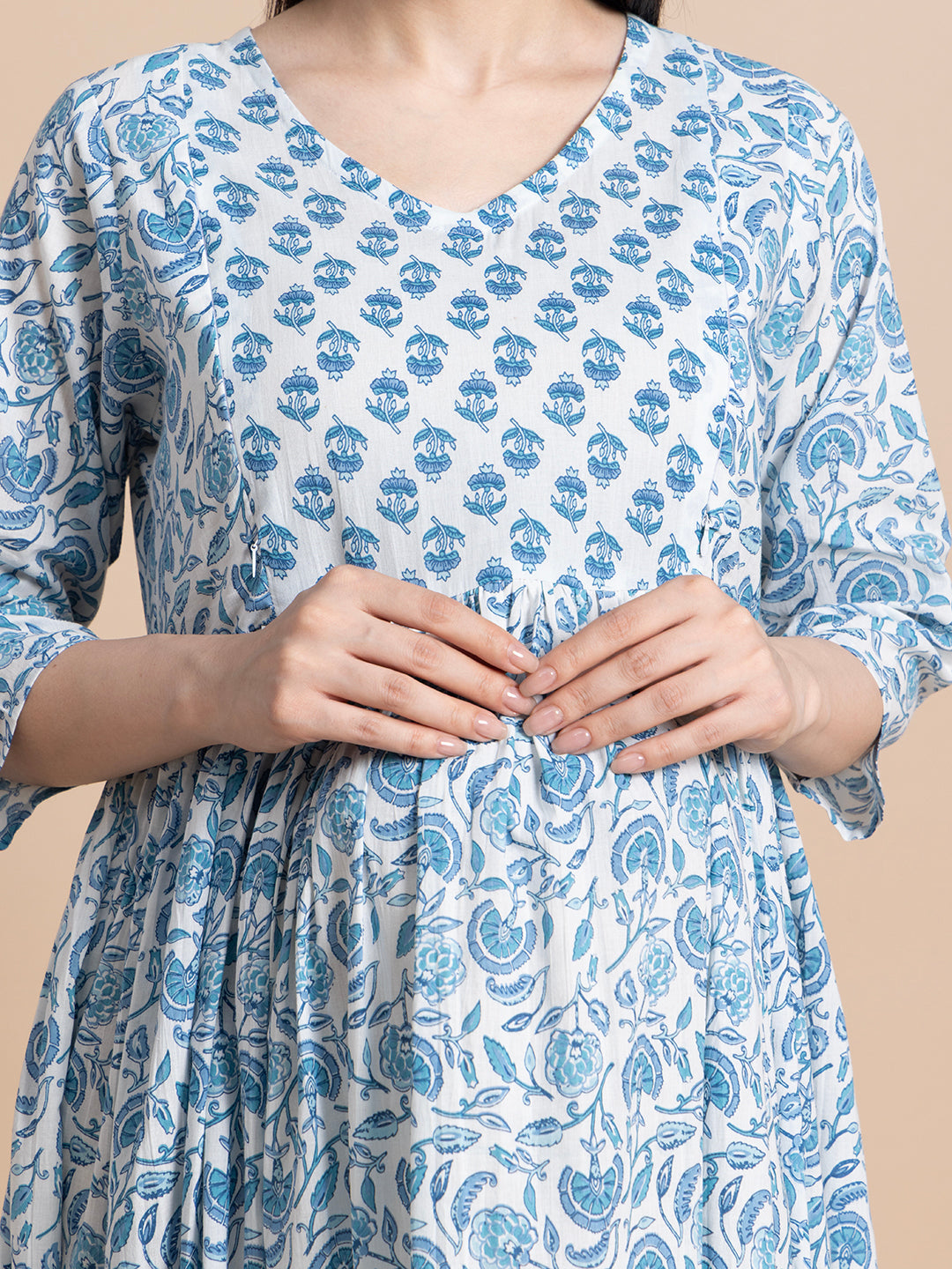 Sky Blue Floral Cotton Maternity Maxi Dress with Ruffle Border