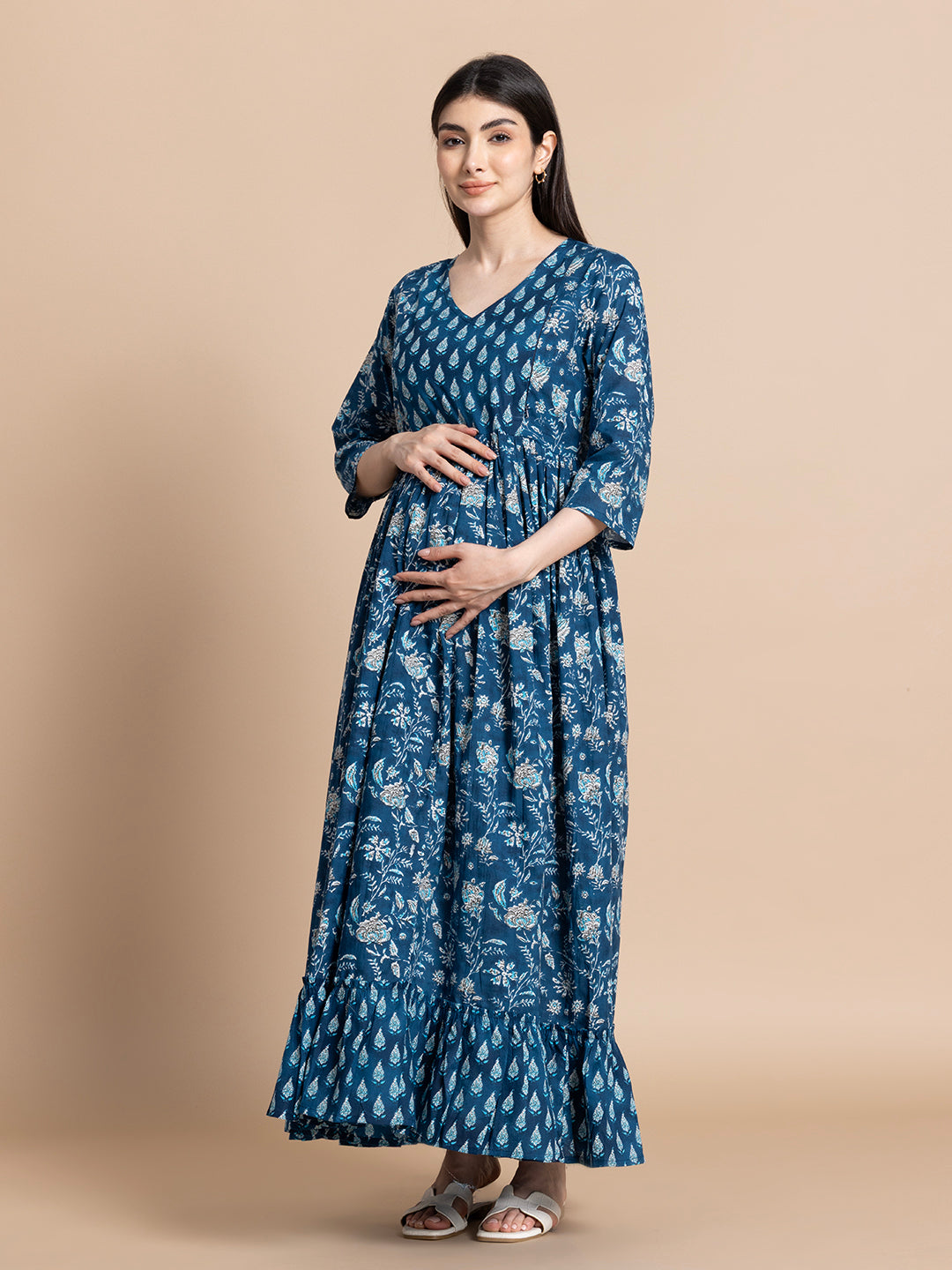 Indigo Floral Pure Cotton Maternity & Nursing Maxi Dress