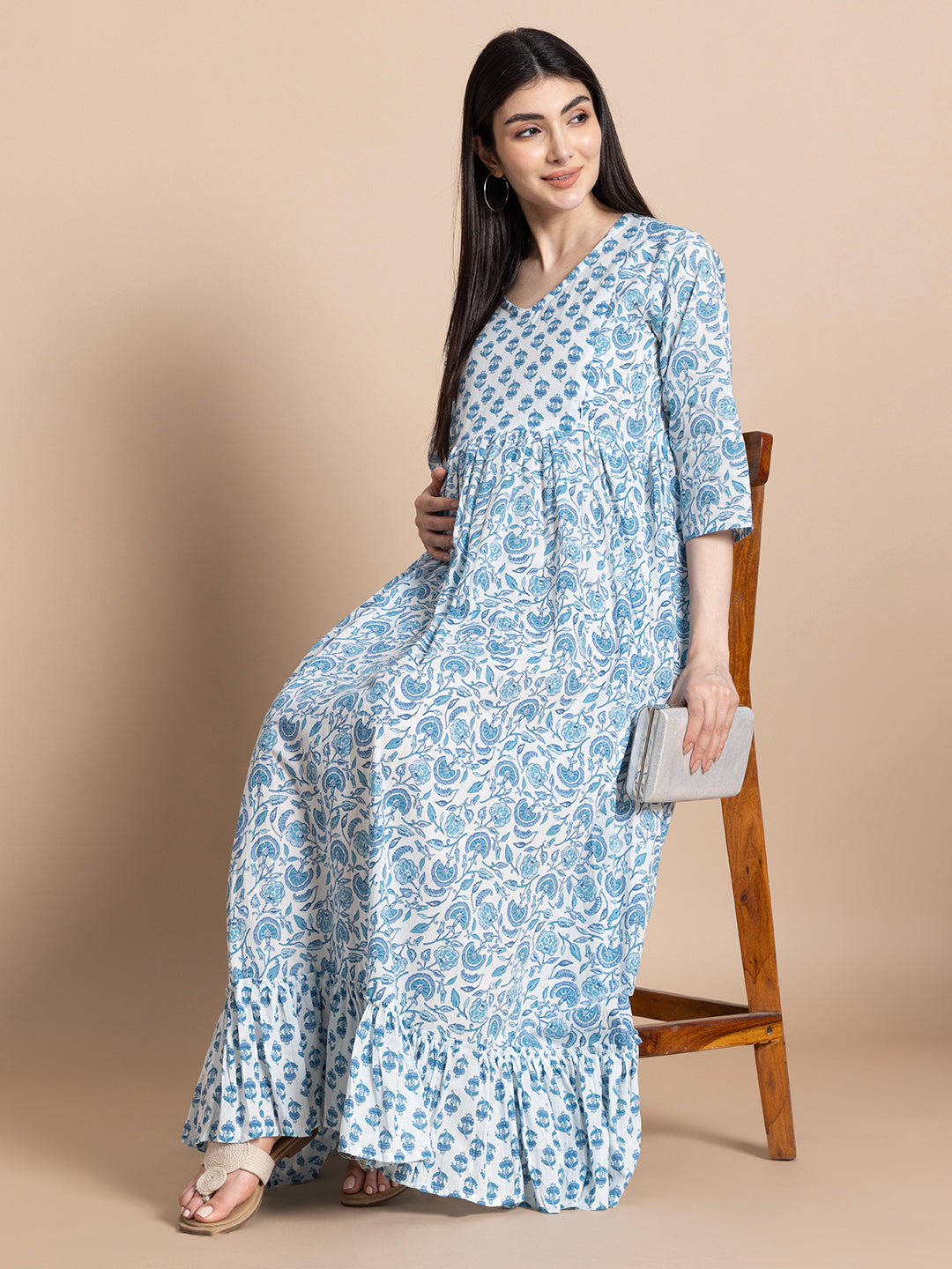 Blue Printed Pure Cotton Maternity Kurta for Women