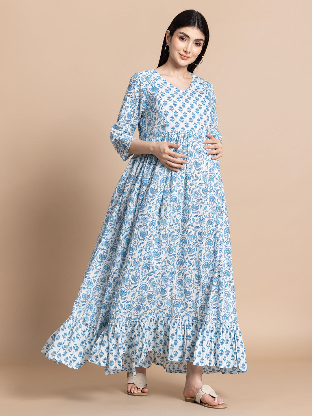Blue Printed Pure Cotton Maternity Kurta for Women
