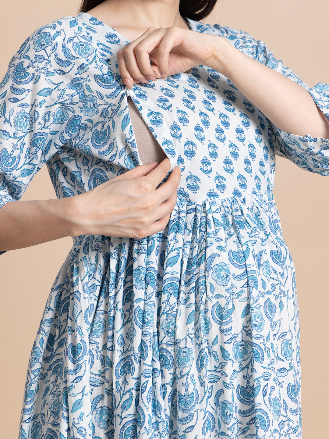 Blue Printed Pure Cotton Maternity Kurta for Women
