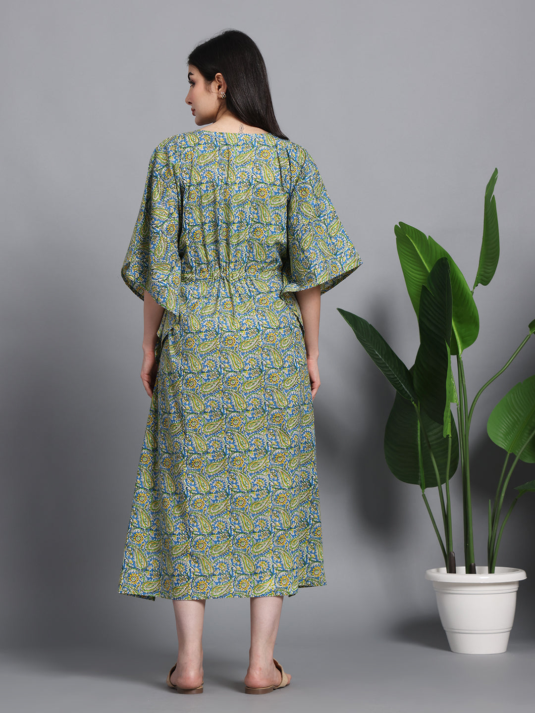 Green Paisley Floral Print Cotton Kaftan Maxi Dress
