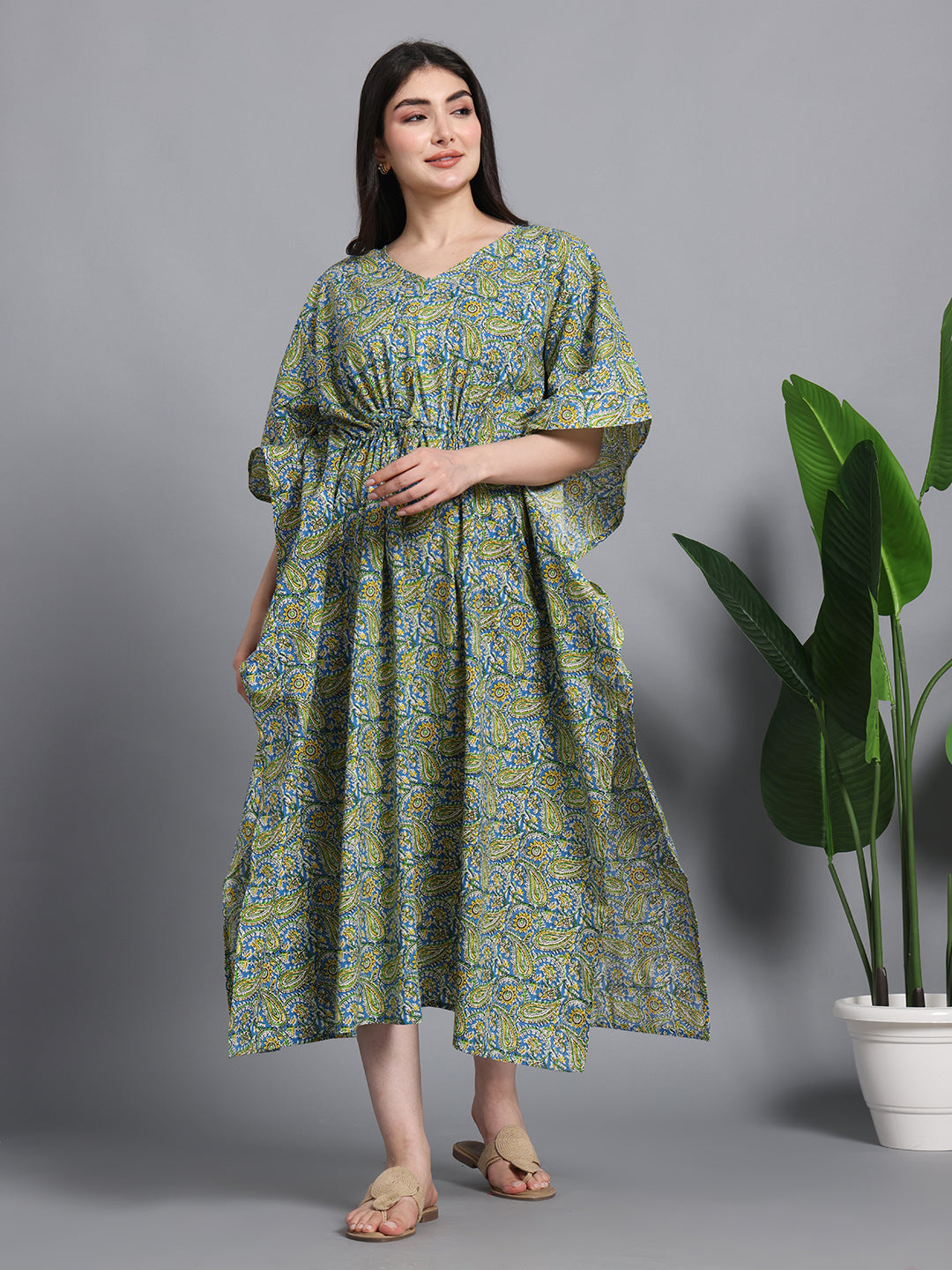 Green Paisley Floral Print Cotton Kaftan Maxi Dress