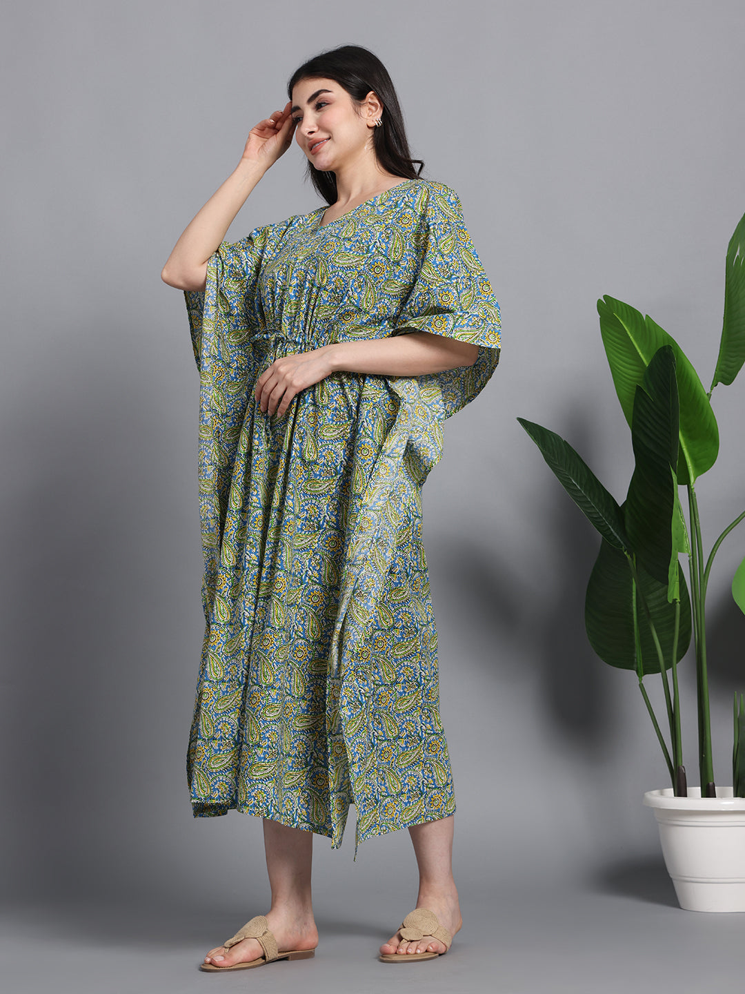 Green Paisley Floral Print Cotton Kaftan Maxi Dress