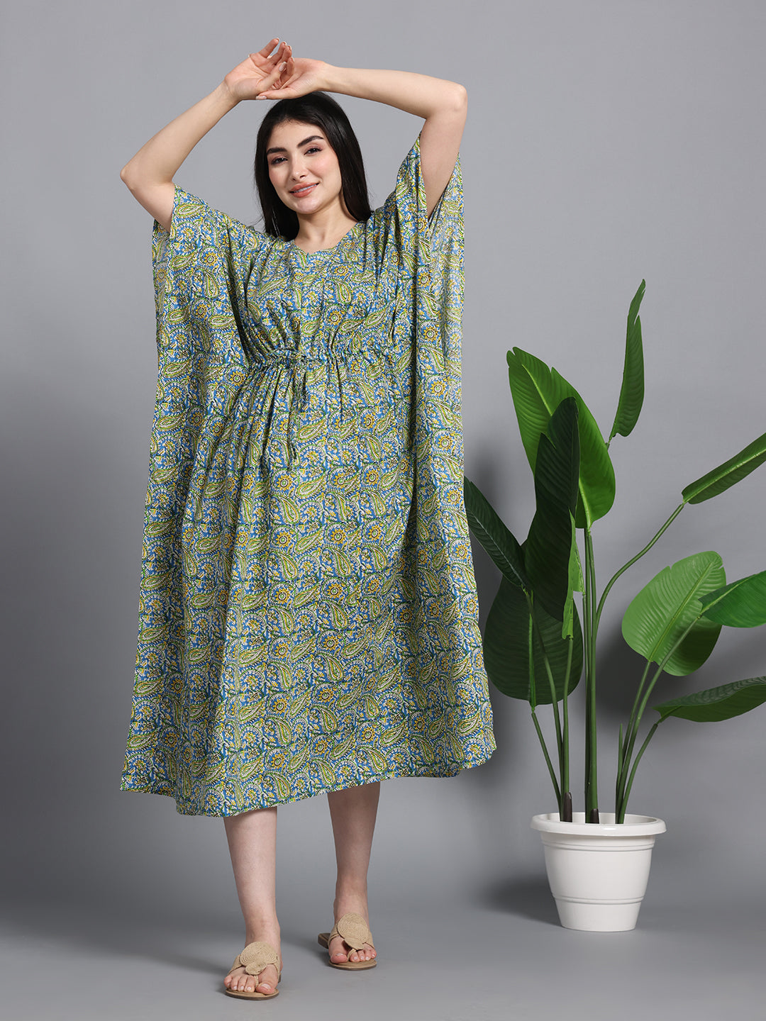 Green Paisley Floral Print Cotton Kaftan Maxi Dress