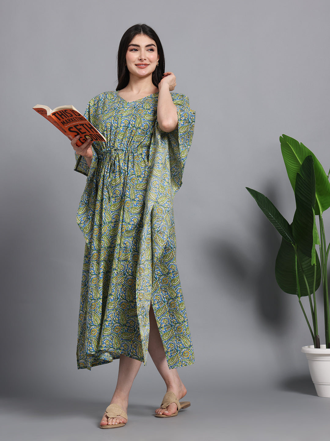 Green Paisley Floral Print Cotton Kaftan Maxi Dress