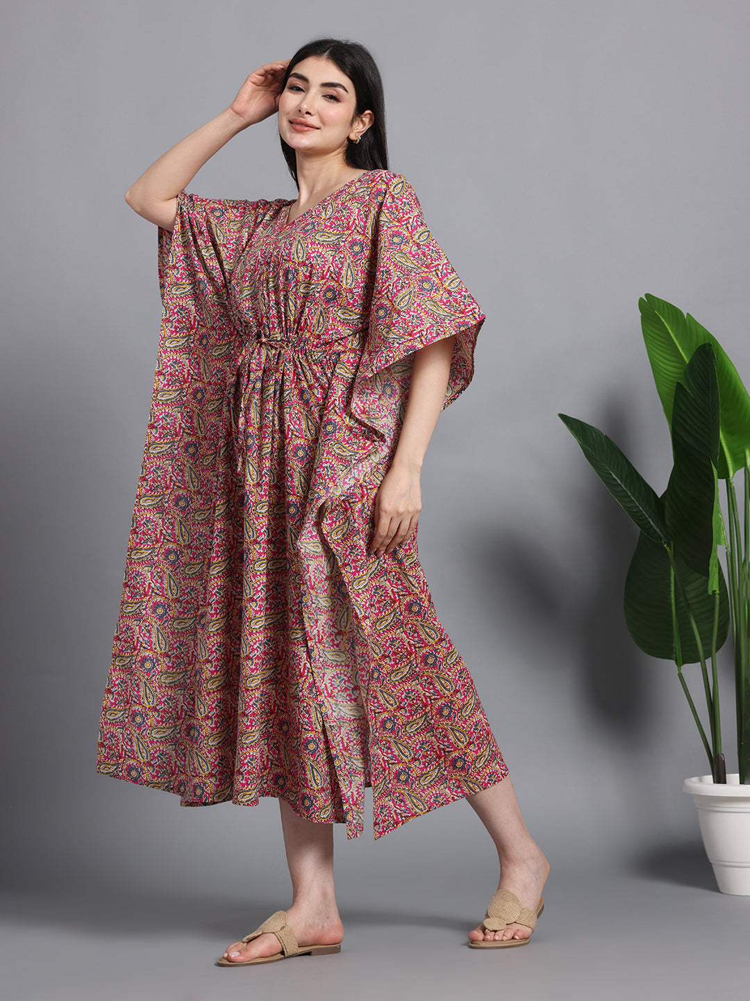 Women's Cotton Paisley Kaftan with Waist Tie