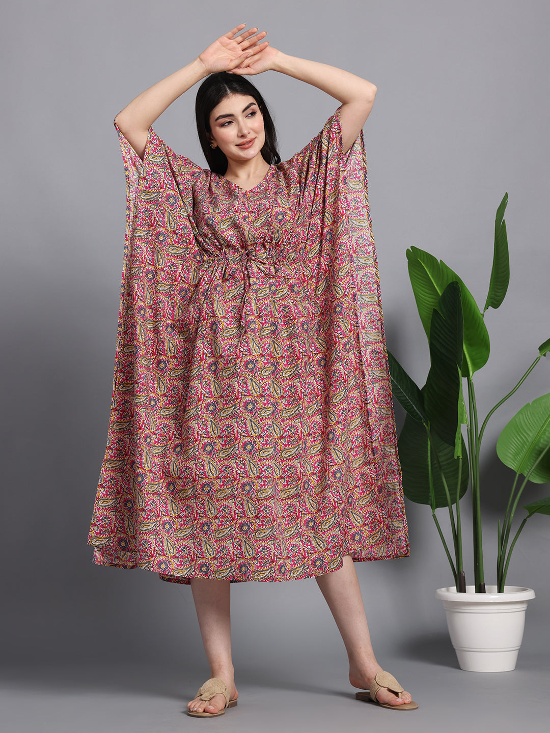 Women's Cotton Paisley Kaftan with Waist Tie
