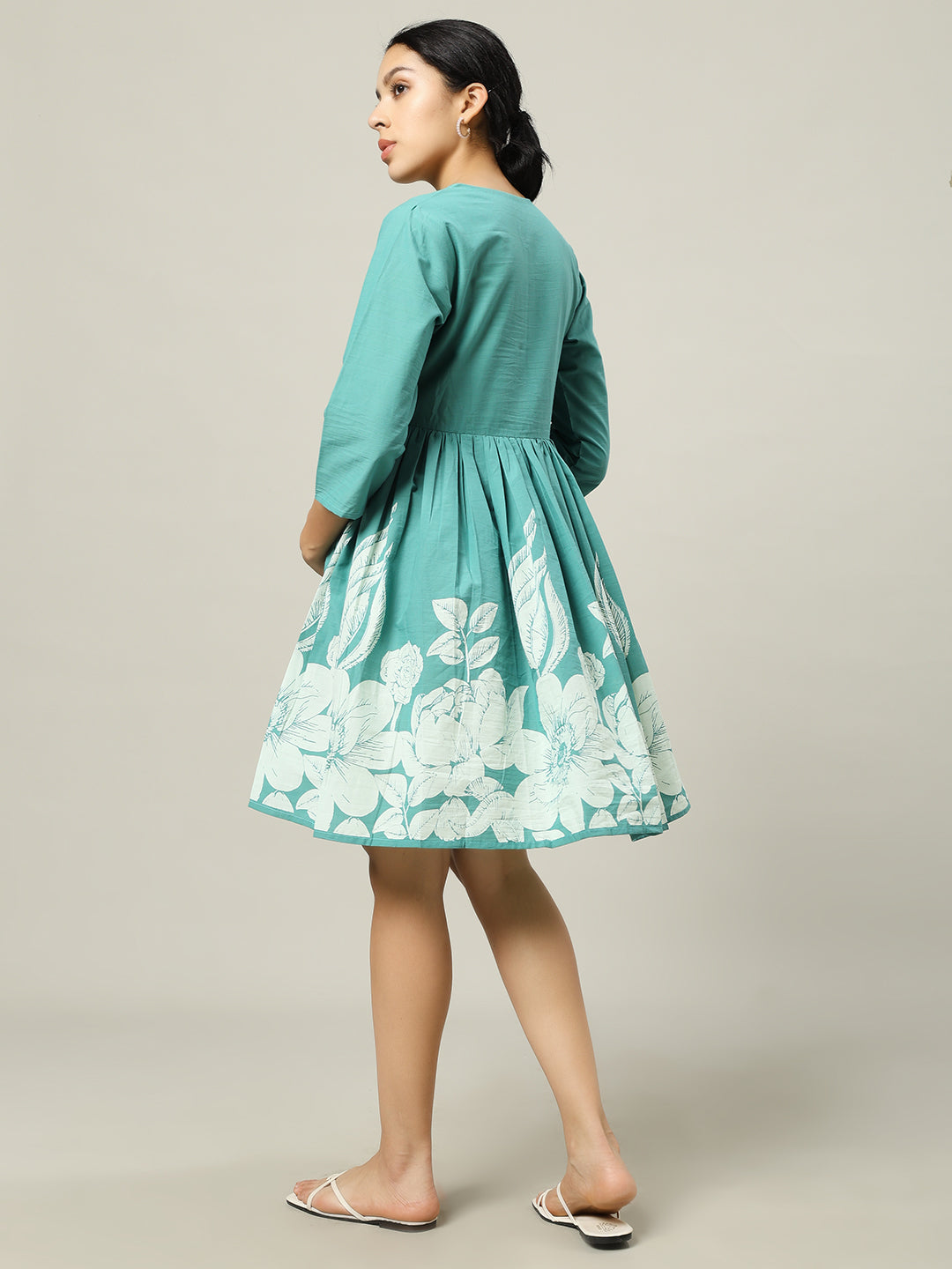 Turquoise Printed Maternity Friendly Short Dress Wear