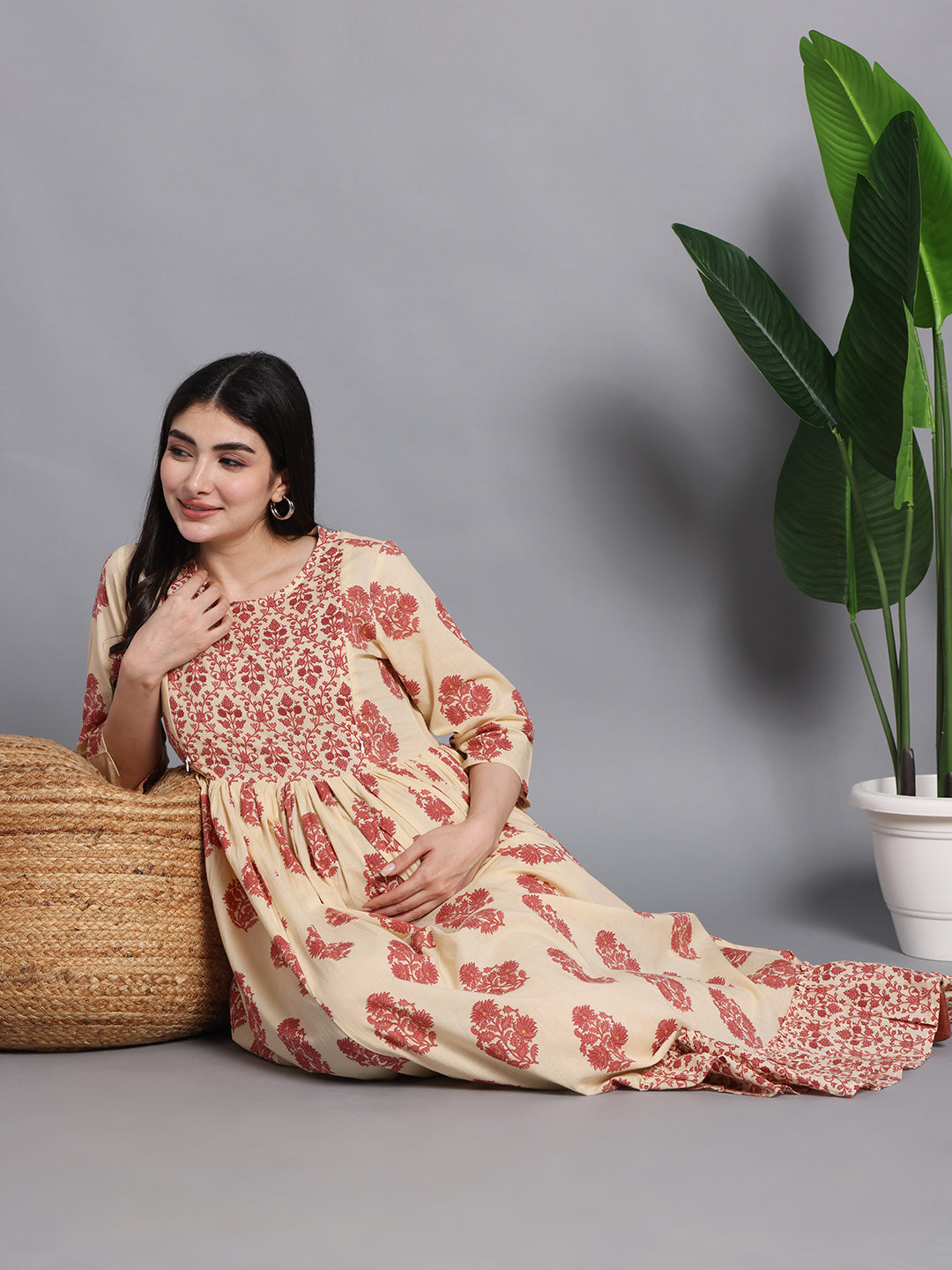 Beige and Maroon Floral Cotton Maternity Maxi Dress