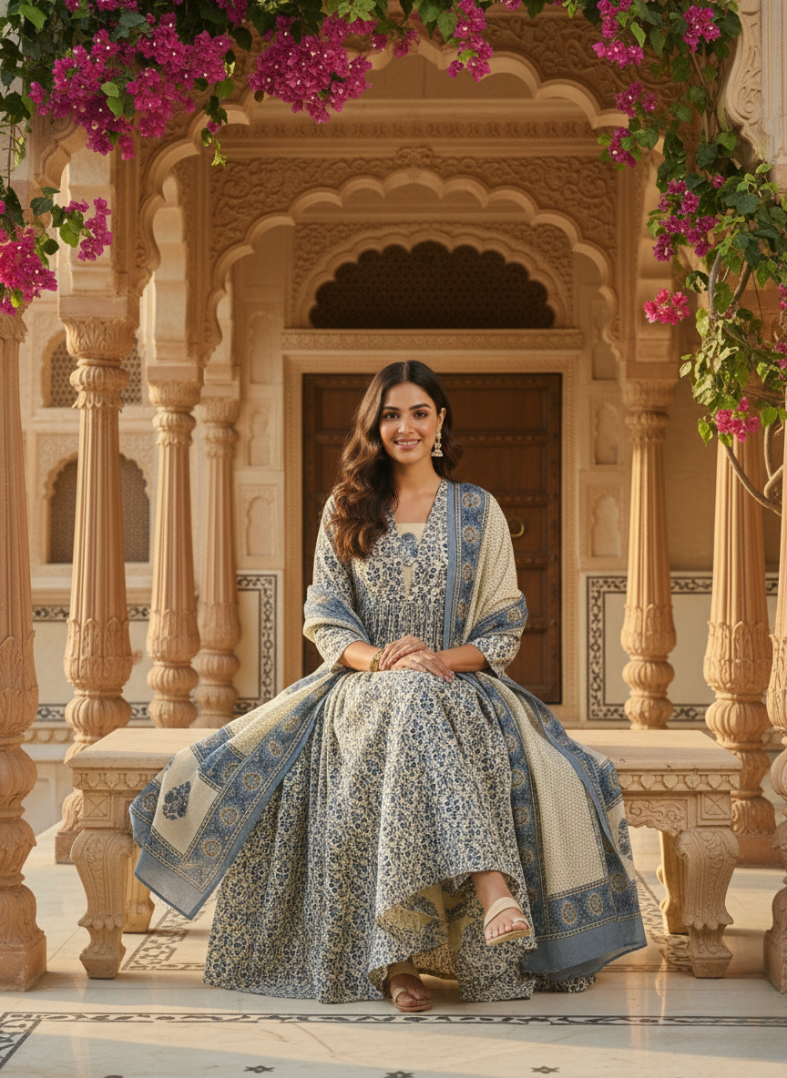 Royal Blue Printed Anarkali Suit with Elegant Dupatta