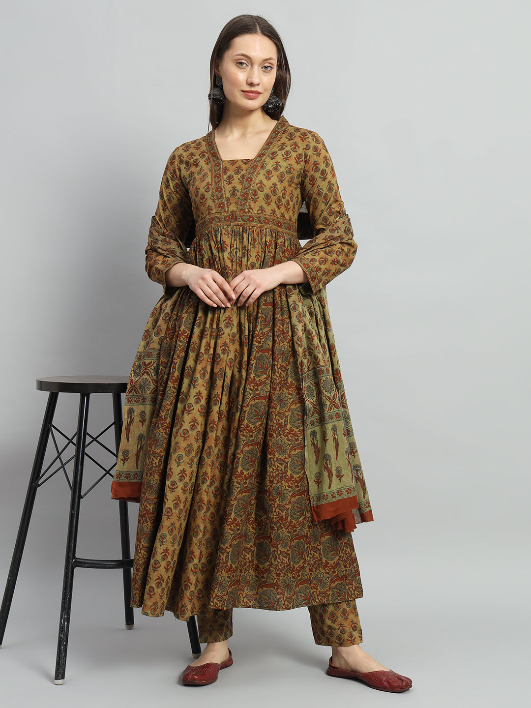 Brown Printed Kurta Pant Dupatta Ethnic Wear Set