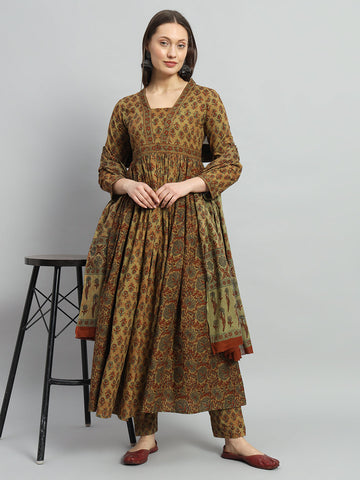 Brown Printed Kurta Pant Dupatta Ethnic Wear Set