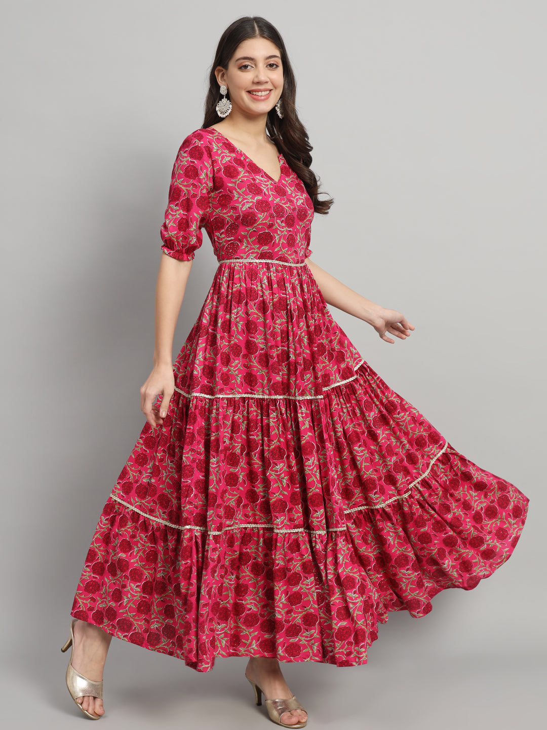 Elegant Red Floral Printed Anarkali Dress with Dupatta