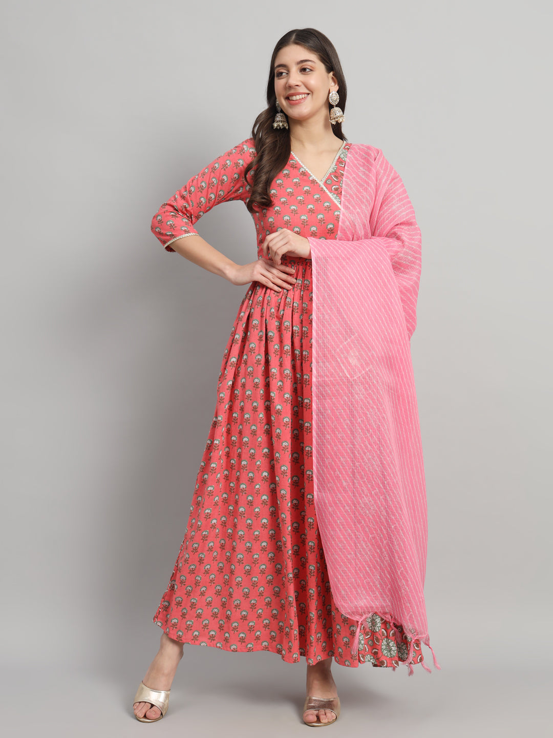 Dual-Print Cotton Anarkali Kurta Set with Coordinated Dupatta