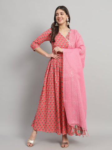 Dual-Print Cotton Anarkali Kurta Set with Coordinated Dupatta