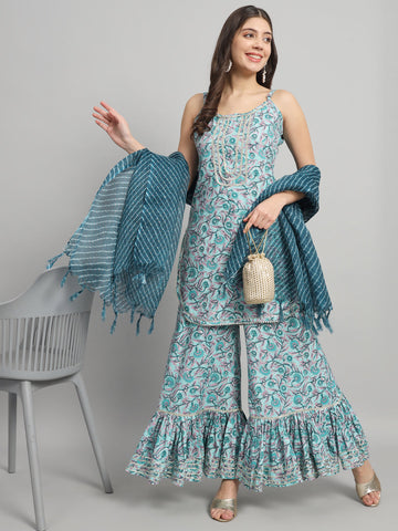 Elegant Ethnic Printed Sharara Set with Matching Dupatta