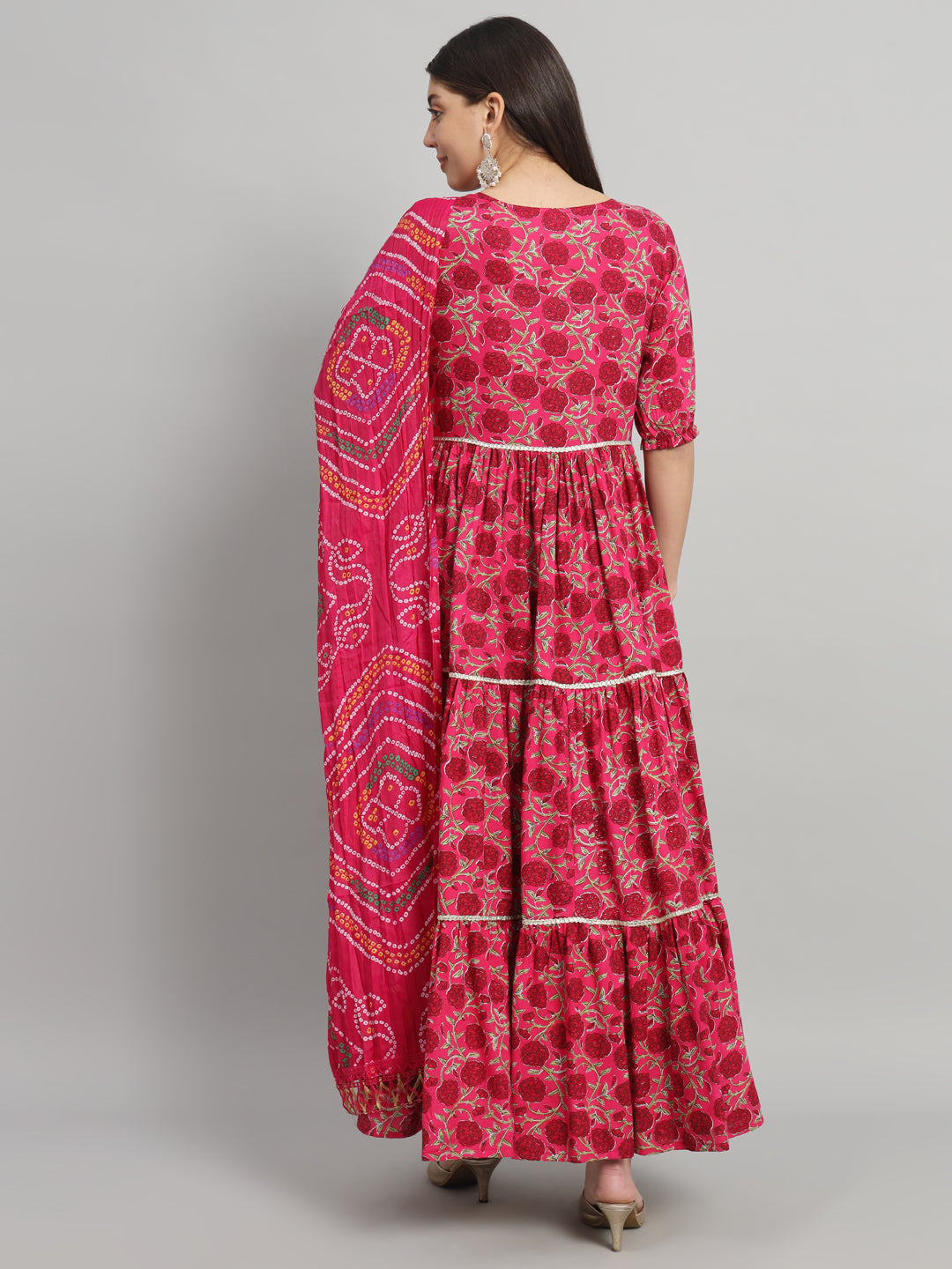 Elegant Red Floral Printed Anarkali Dress with Dupatta
