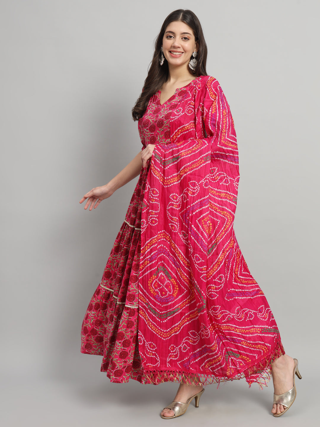 Elegant Red Floral Printed Anarkali Dress with Dupatta