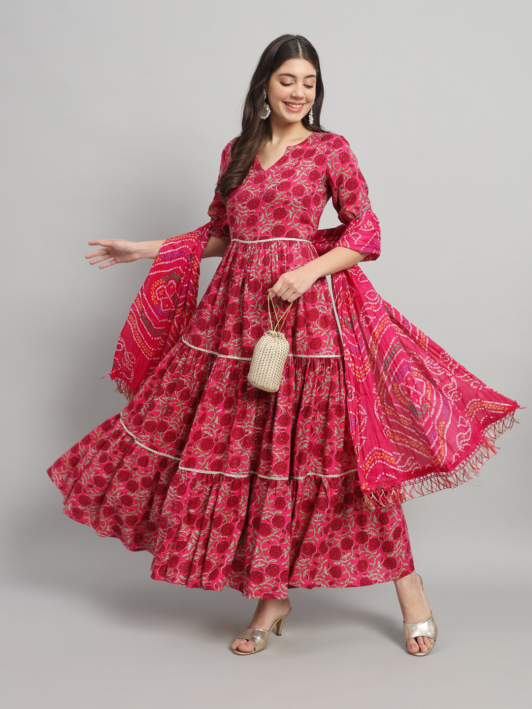 Elegant Red Floral Printed Anarkali Dress with Dupatta