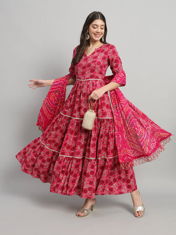 Elegant Red Floral Printed Anarkali Dress with Dupatta