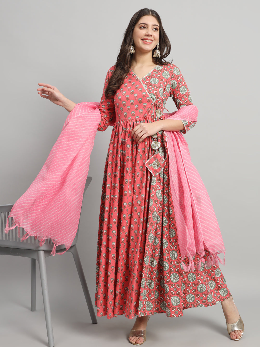 Dual-Print Cotton Anarkali Kurta Set with Coordinated Dupatta