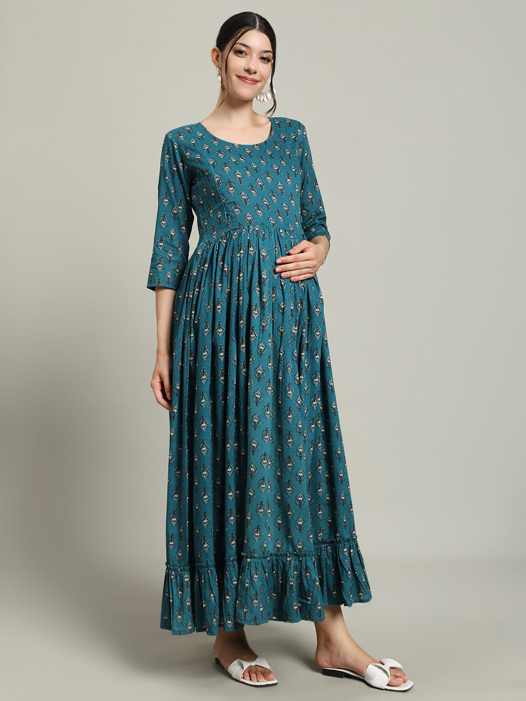 Teal Green Printed Maternity Kurta for Women