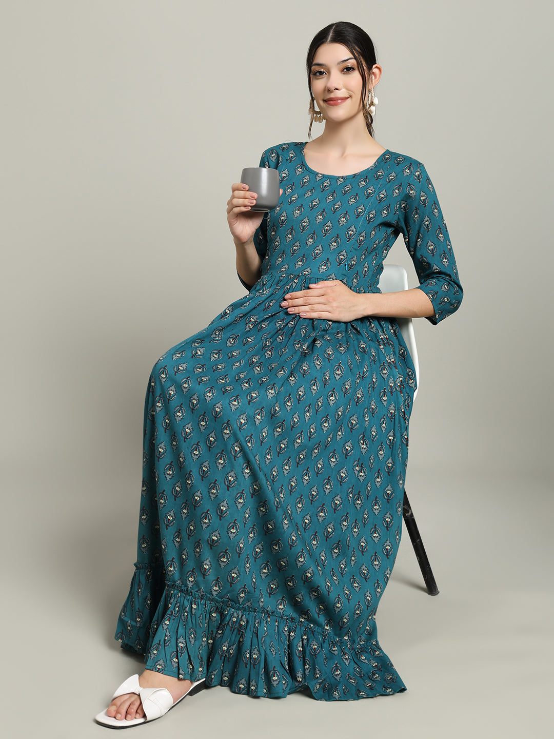 Teal Green Printed Maternity Kurta for Women