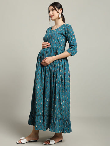 Teal Green Printed Maternity Kurta for Women Gujari Jaipur 