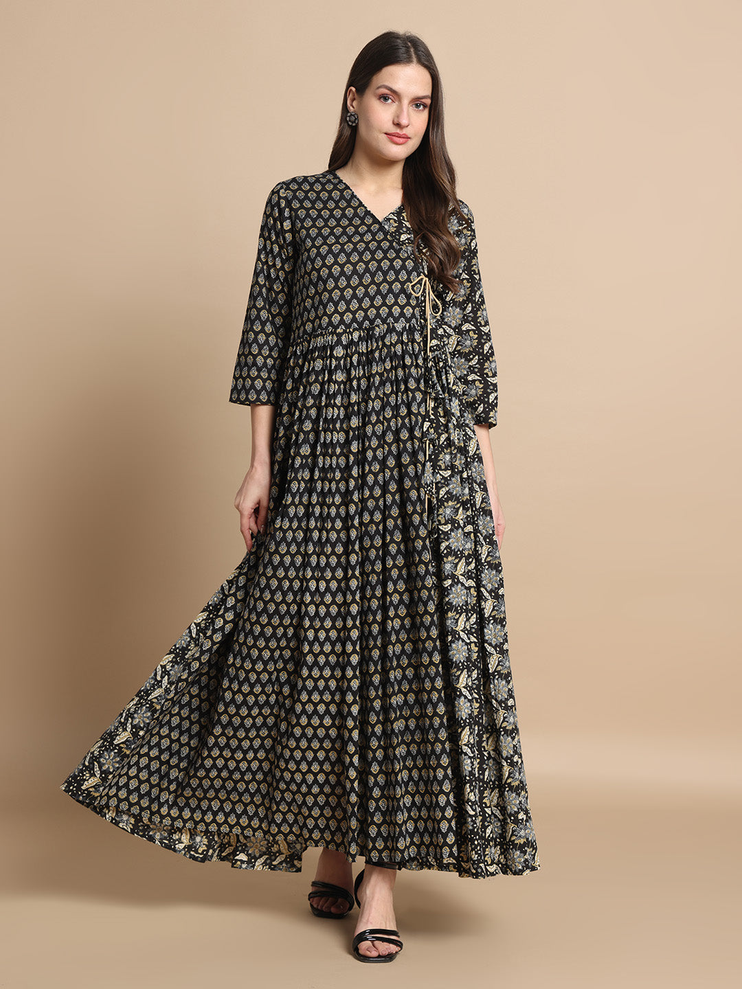 Elegant Black Floral Printed Flared Anarkali Kurta for Women
