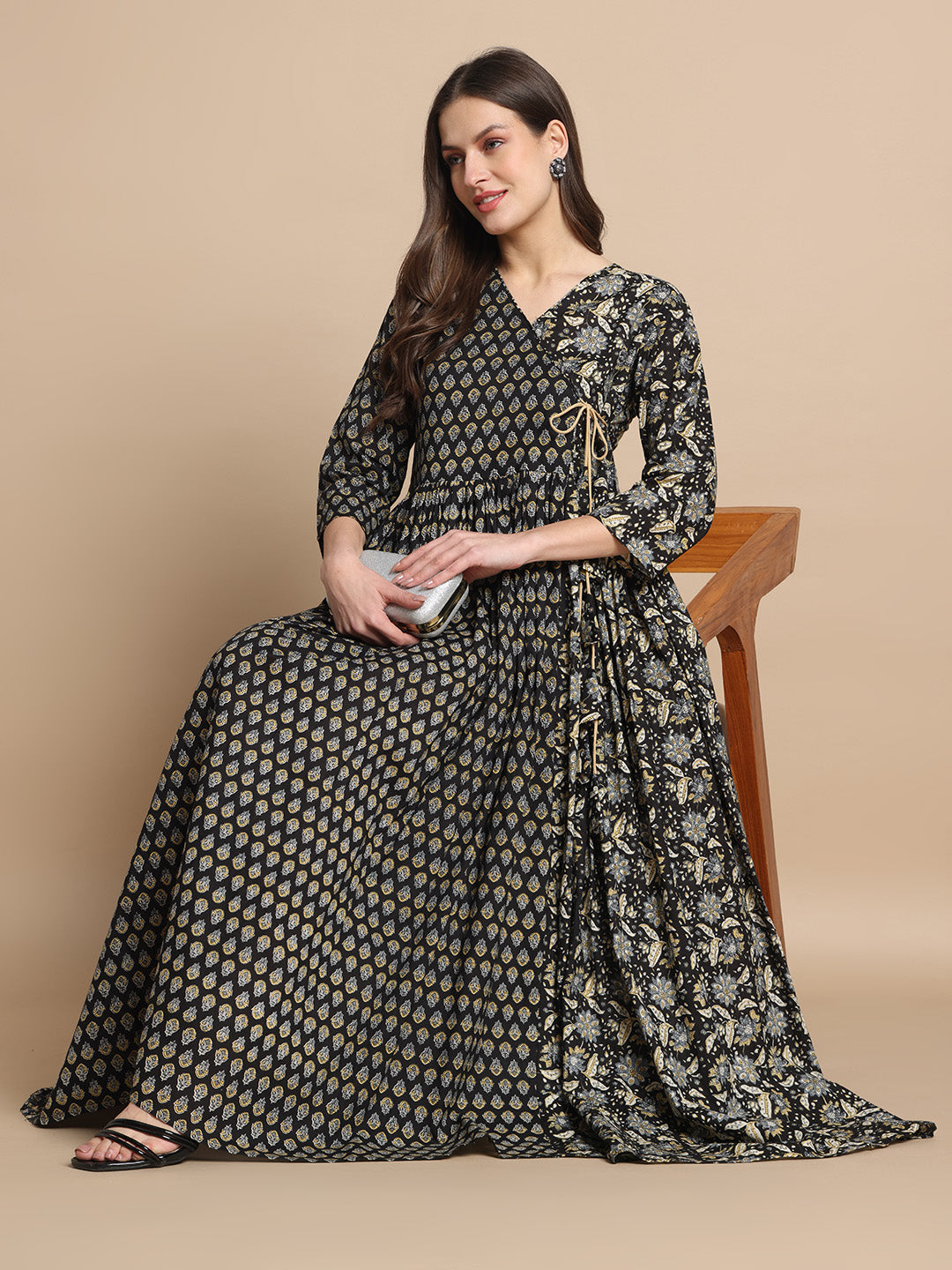 Elegant Black Floral Printed Flared Anarkali Kurta for Women