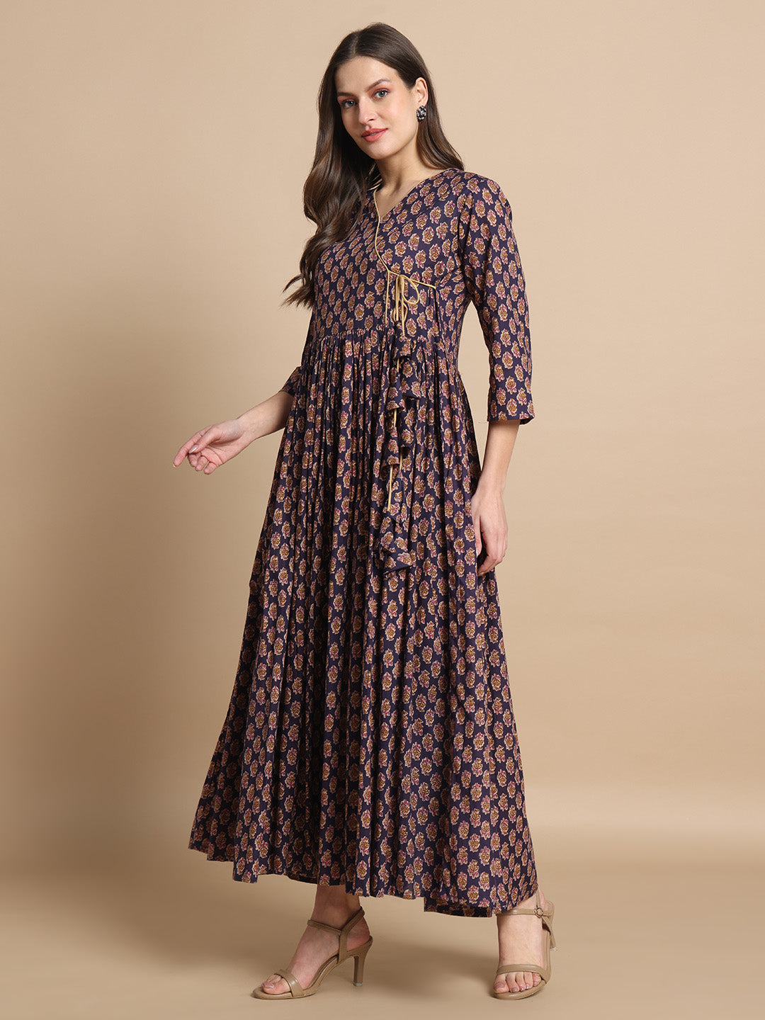 Deep Maroon Floral Printed Flared Anarkali Kurta for Women Gujari Jaipur