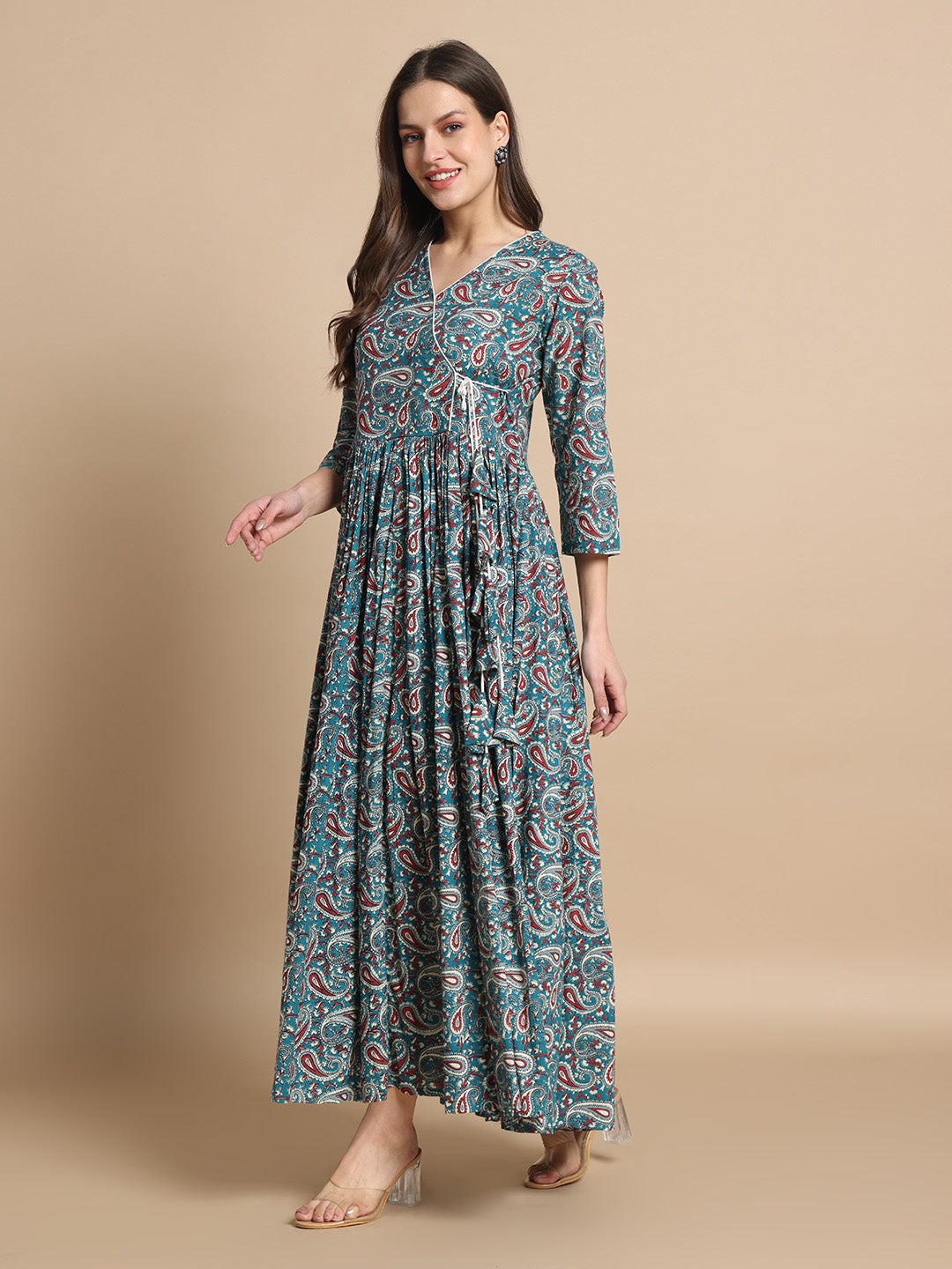 Printed Cotton Anarkali Kurta with Ribbon Detail Wear