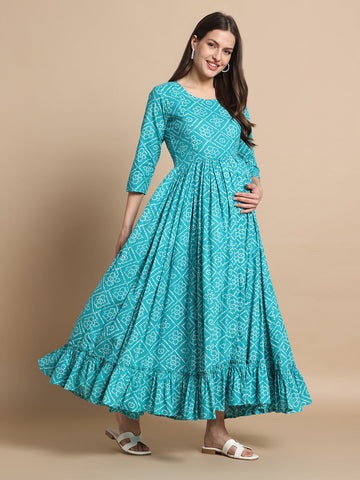 Blue Printed Feeding Friendly Maternity Kurta Wear