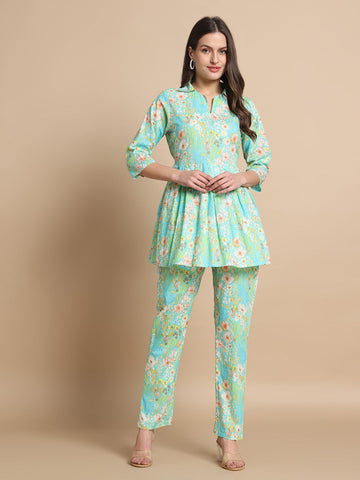 Elegant Mint Green Printed Cotton Co-Ord Set for Women